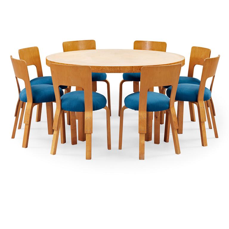 An Alvar Aalto birch dining table and eight chairs, Artek, Finland 1930's-40's.