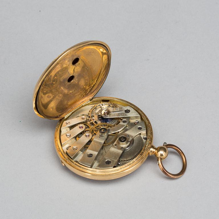 FICKUR, guld 18K, Schweiz, Linderoth Stockholm omkring 1890. Totalvikt 69 gram.