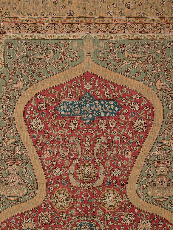 Matta, antik silke Kum Kapi med metallbroschering, Istanbul omkring 1910, "Sultan's Head Prayer" design.