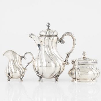 A three-piece silver Rococo-style coffee set, Germany, first half of the 20th century.