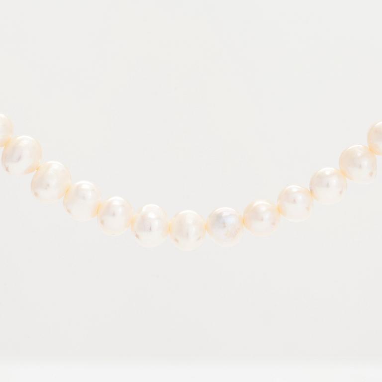 A pearl collier with 14K gold clasp and cultured freshwater pearls.