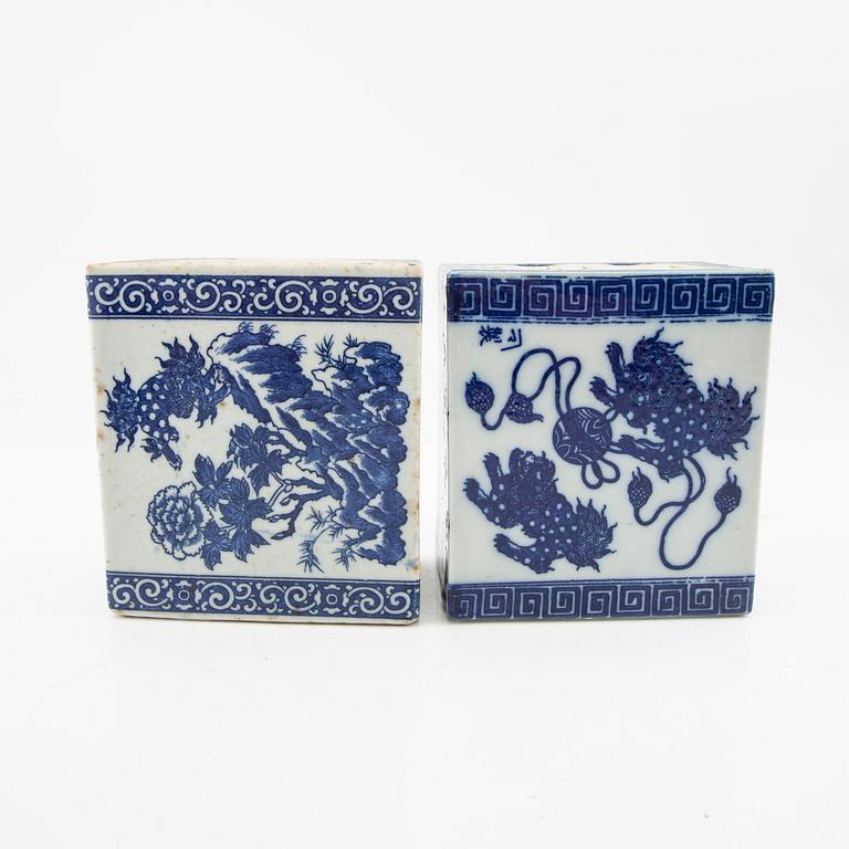 A set of four blue and white pillows, China, 20th century.