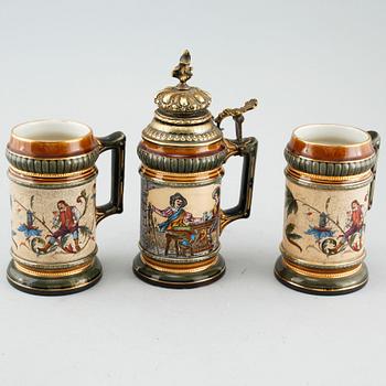 Three majolica jugs from Rörstrand and three majolica pitchers from late 19th century.