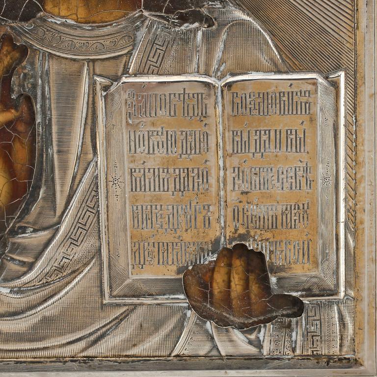 A Russian 19th century silver-gilt icon, marks of Ivan Chlebnikov, Moscow 1908-1917. Imperrial Warrant.