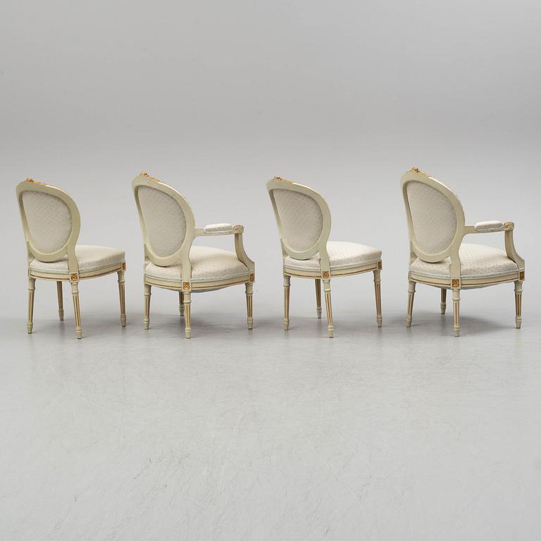 A sofa, four chairs and a table, gustavian style, early 20th century.