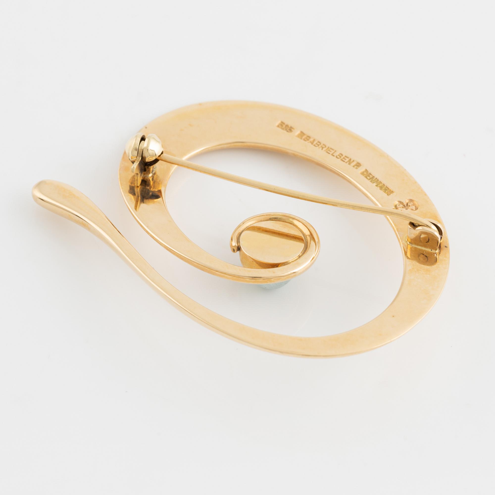 Bent Gabrielsen, 14K gold, with cabochon cut blue stone brooch, Denmark.