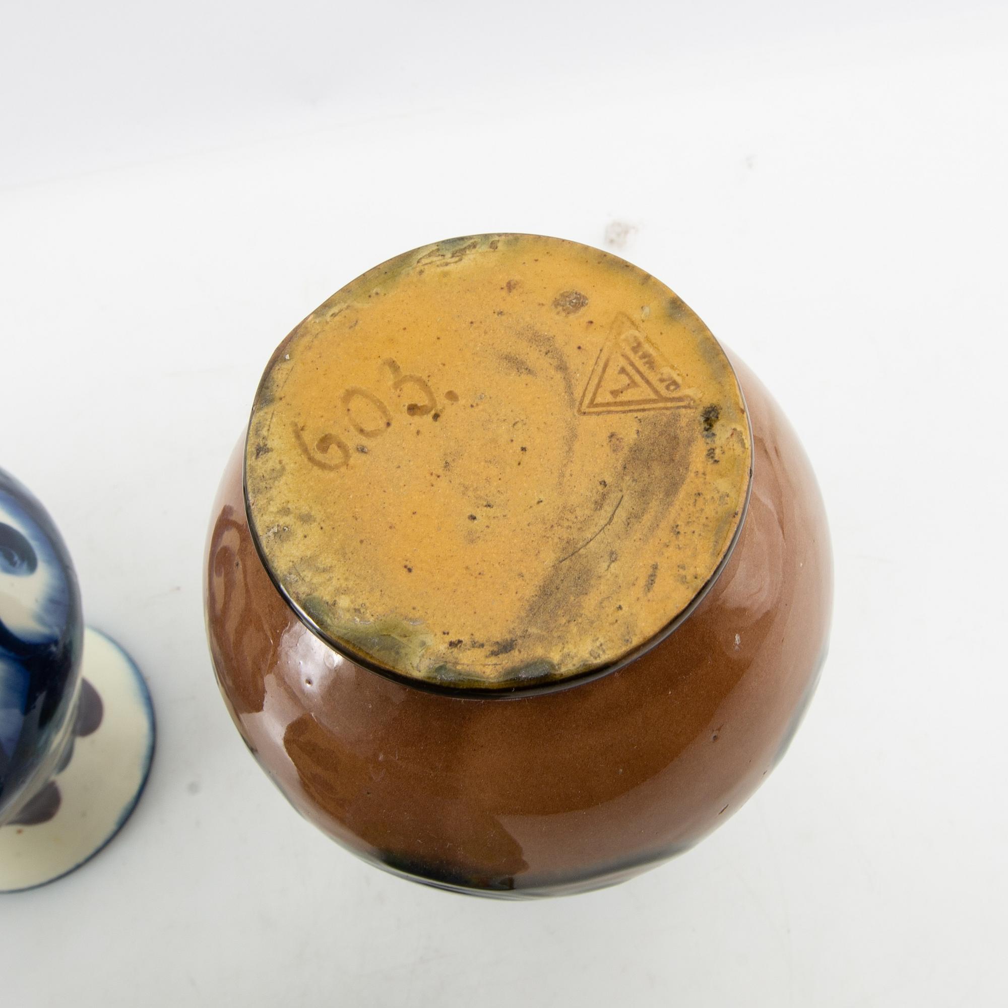 Vases 5 pcs blue Annashaab stoneware factory Denmark early 20th century glazed earthenware.