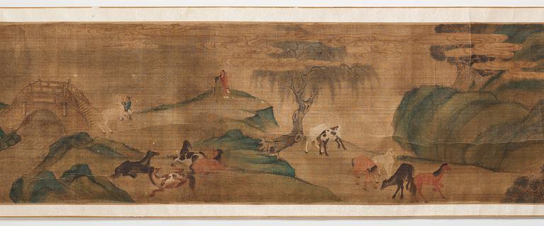 A long scroll painting after Zhao Yong (Zhao Zhongmu 1289-1369), ink and colour on paper and on silk, Qing dynasty.