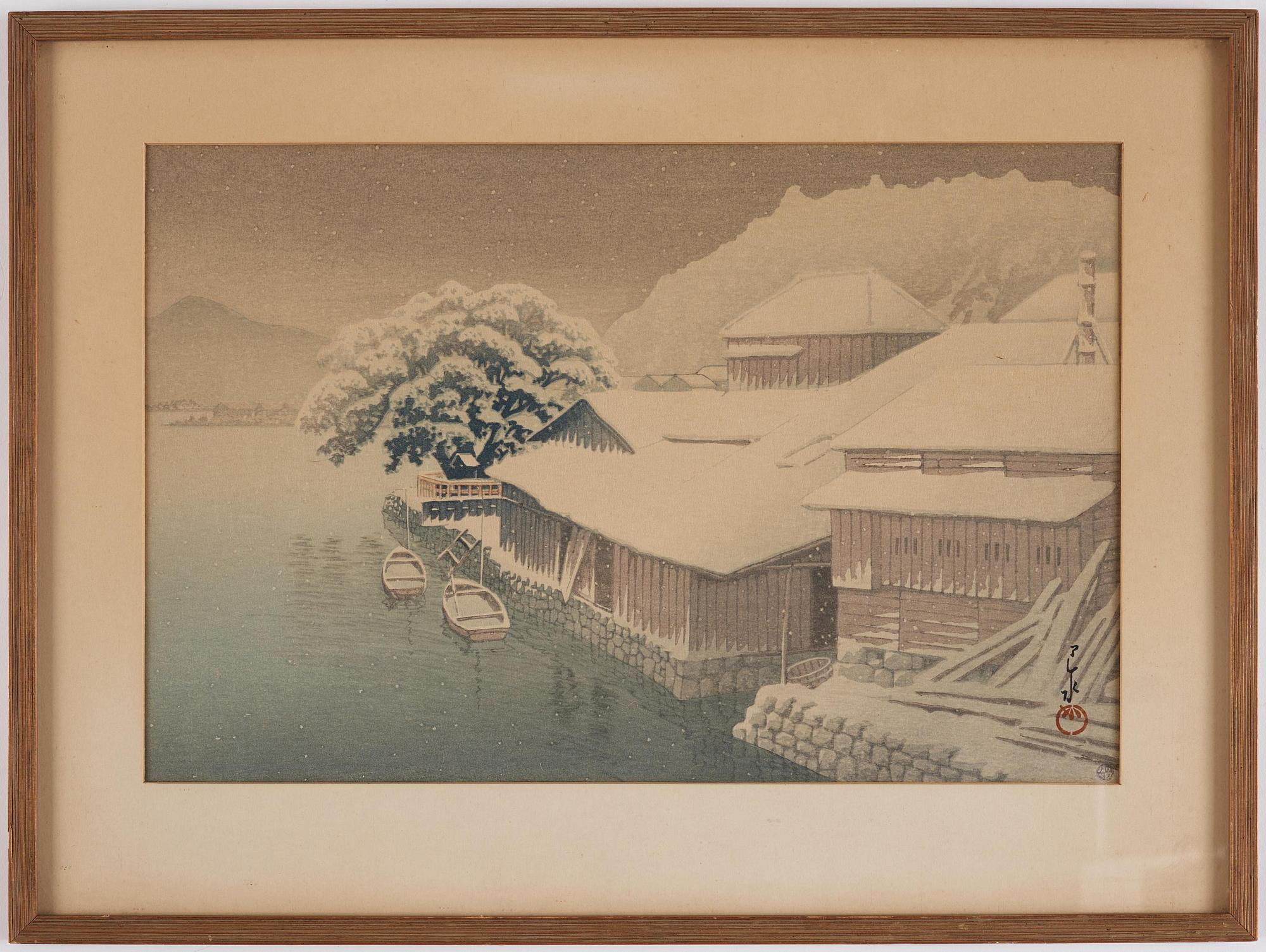 Kawase Bunjiro Hasui, Evening Snow at Ishinomaki (Ishinomaki no bosetsu).