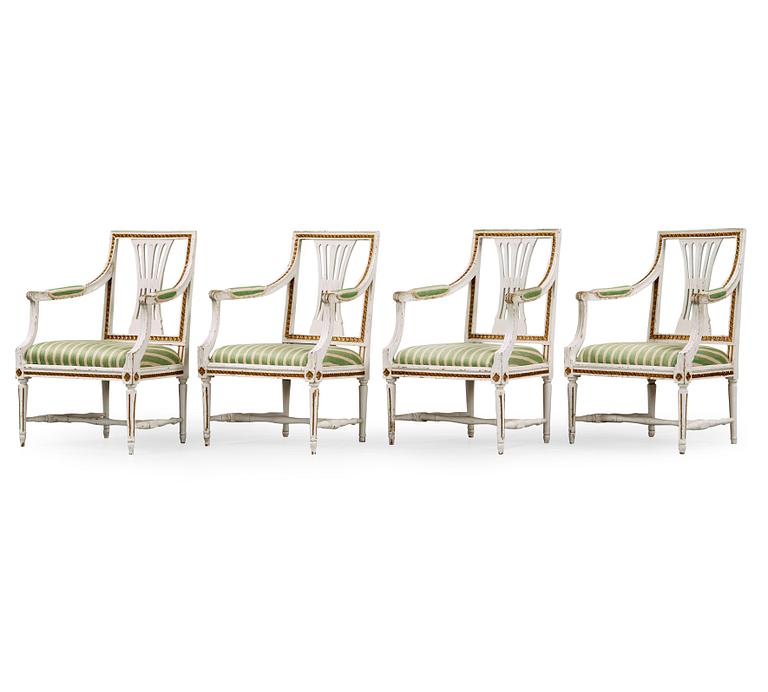 Four Gustavian late 18th century armchairs.