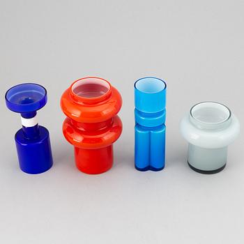 PO Ström, a set of four glass vases from Alsterfors, signed.