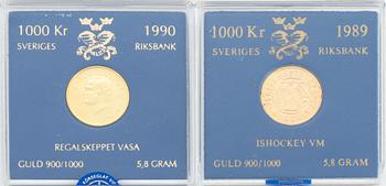Two Swedish gold coins, 1000 kronor, 1989 and 1990. Weight 5,8 gram (each).