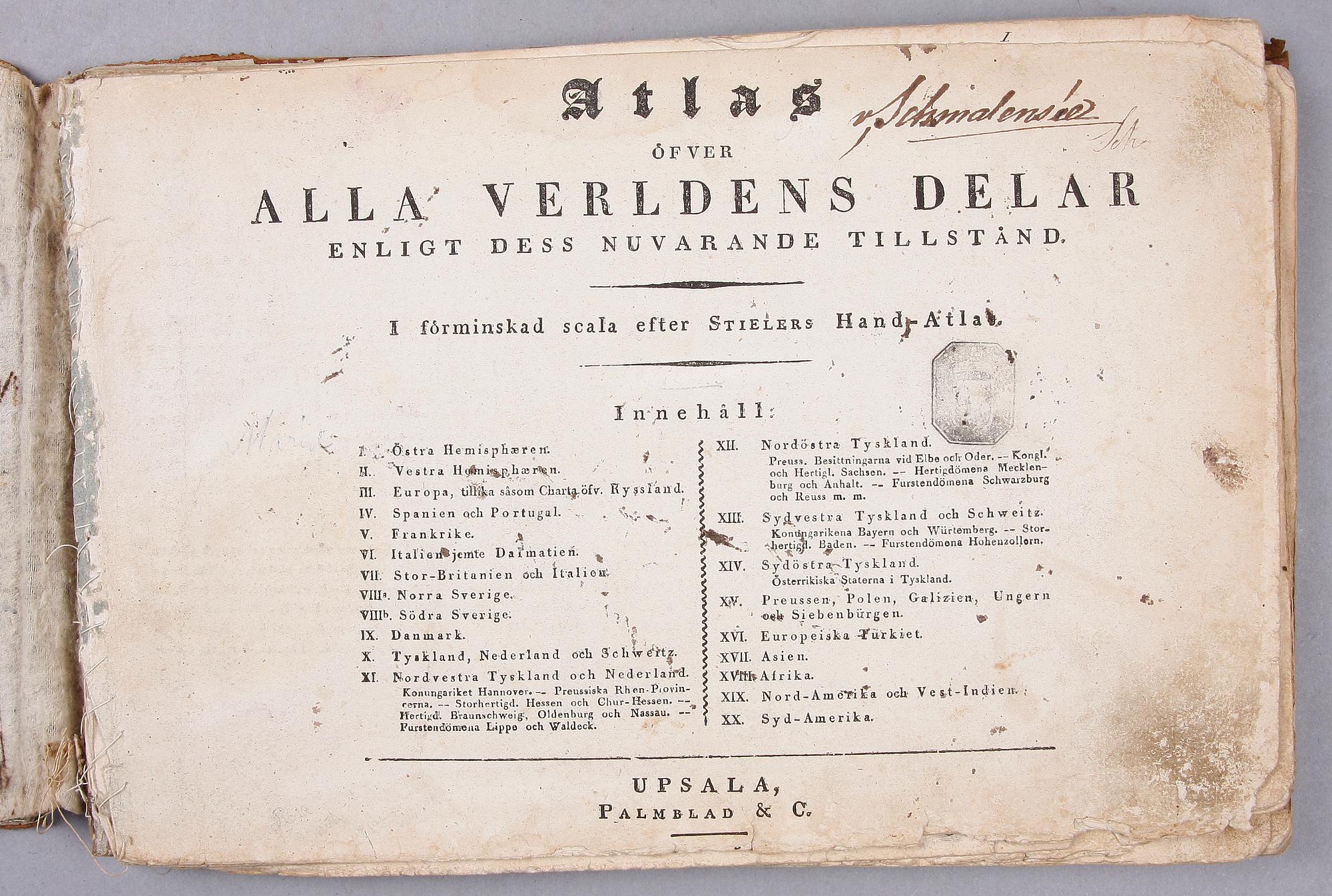 BOK, "Alla verldens delar enligt dess nuvarande tillstånd i förminskad scala efter Stielers hand-atlas.".
