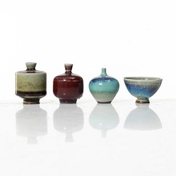 Berndt Friberg, miniature vases, four pieces, stoneware, Gustavsberg Studio 1970-1972.