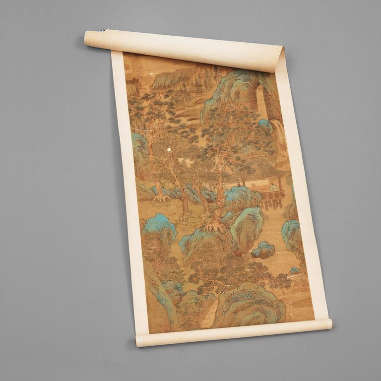 A hanging scroll of figures in a landscape, Qing dynasty, 19th Century.