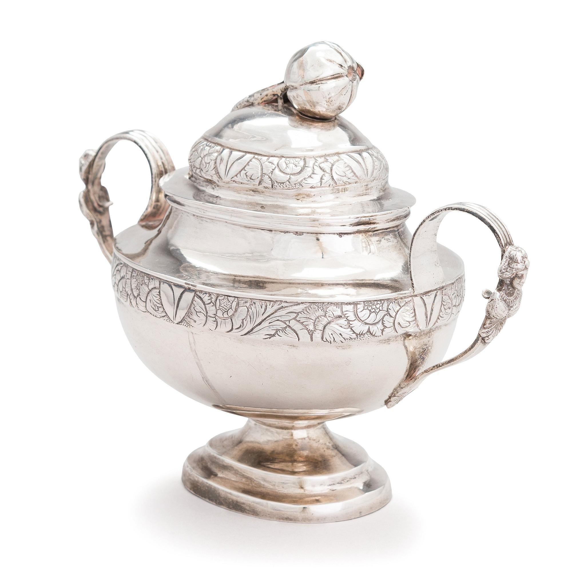 A 19th-century silver sugar bowl, maker's marks of Vincenzo Cachia di Michele, Malta 1842.