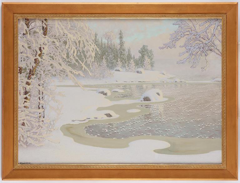 Gustaf Fjaestad, Rime frost over frozen lake in sunlit landscape.