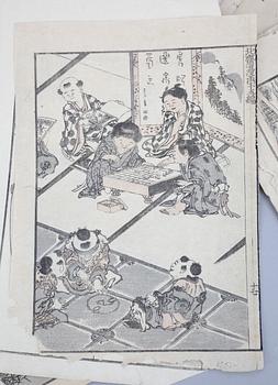 PARTI TRÄSNITT. ca 91 delar. Bland annat delar ur Hokusais Manga. Japan, 1800/1900-tal.