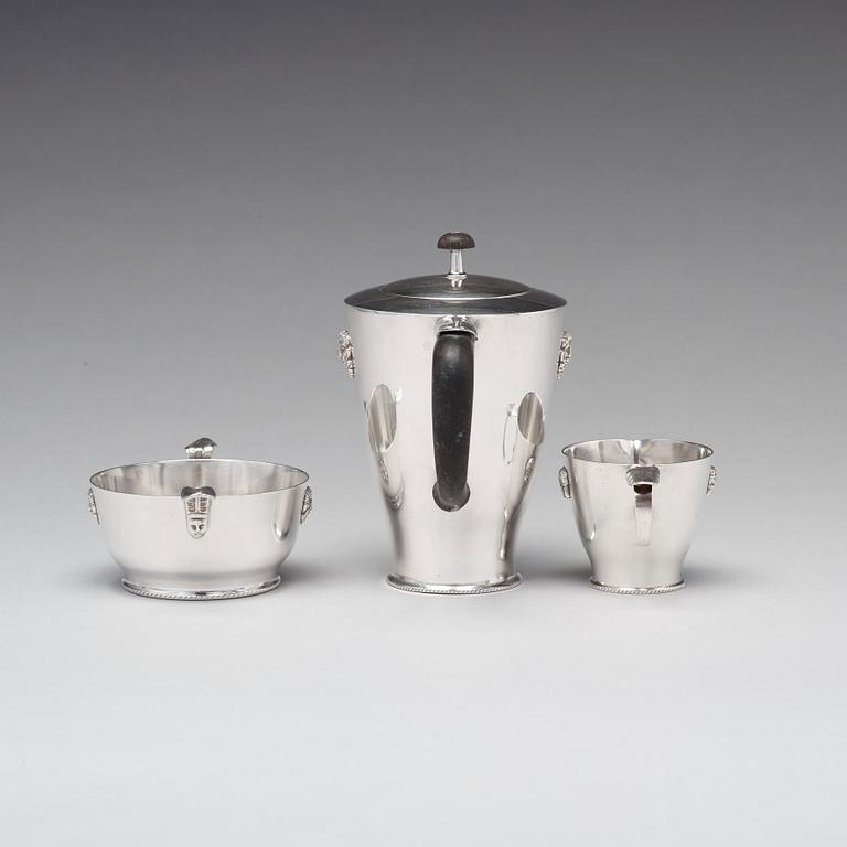 Wolter Gahn, a three pcs coffee service, Swedish Grace, executed by Karl Wojtech, Stockholm 1920's.