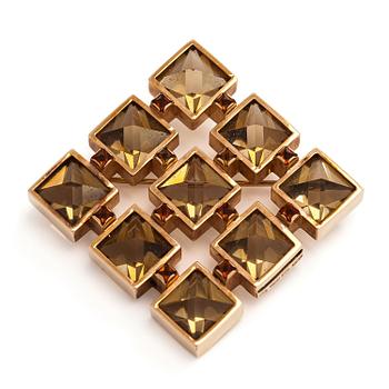 Olavi Nupponen, brooch, faceted smoky quartz and garnets, 14K gold, Kaunis Koru.