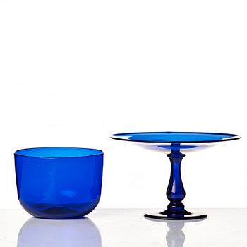 A blue glass tazza and bowl, 19th Century.