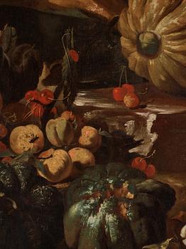 Michelangelo Pace da Campidoglio Tillskriven, Stilleben med frukter i ett landskap.