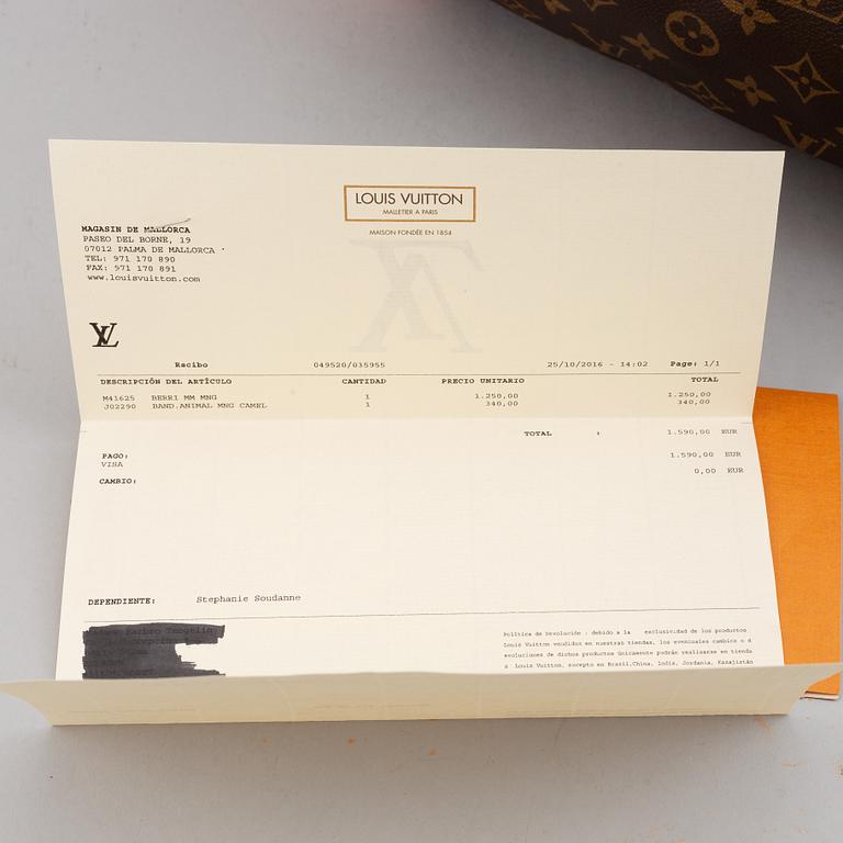 Louis Vuitton, väska, "Berri MM" samt axelrem "Animal MNG Camel".