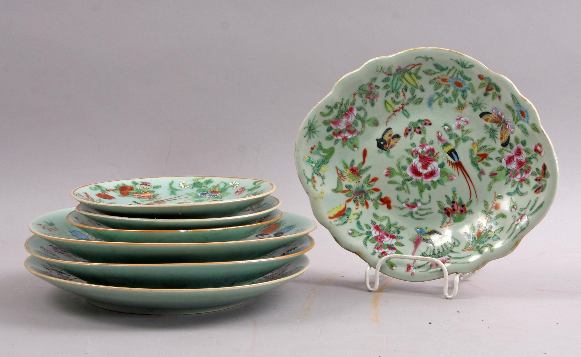 TALLRIKAR o SKÅLFAT, 7 delar. Porslin, Kina Kanton. 1800-talets mitt.