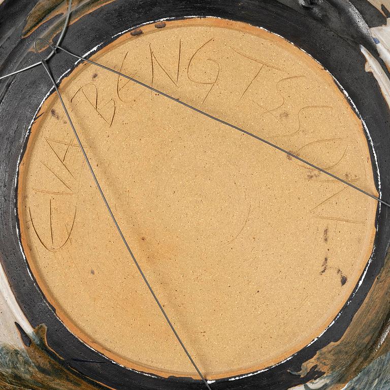 Eva Bengtsson, a large decorative chamotte stoneware dish, own studio, Frillesås, 1990s.