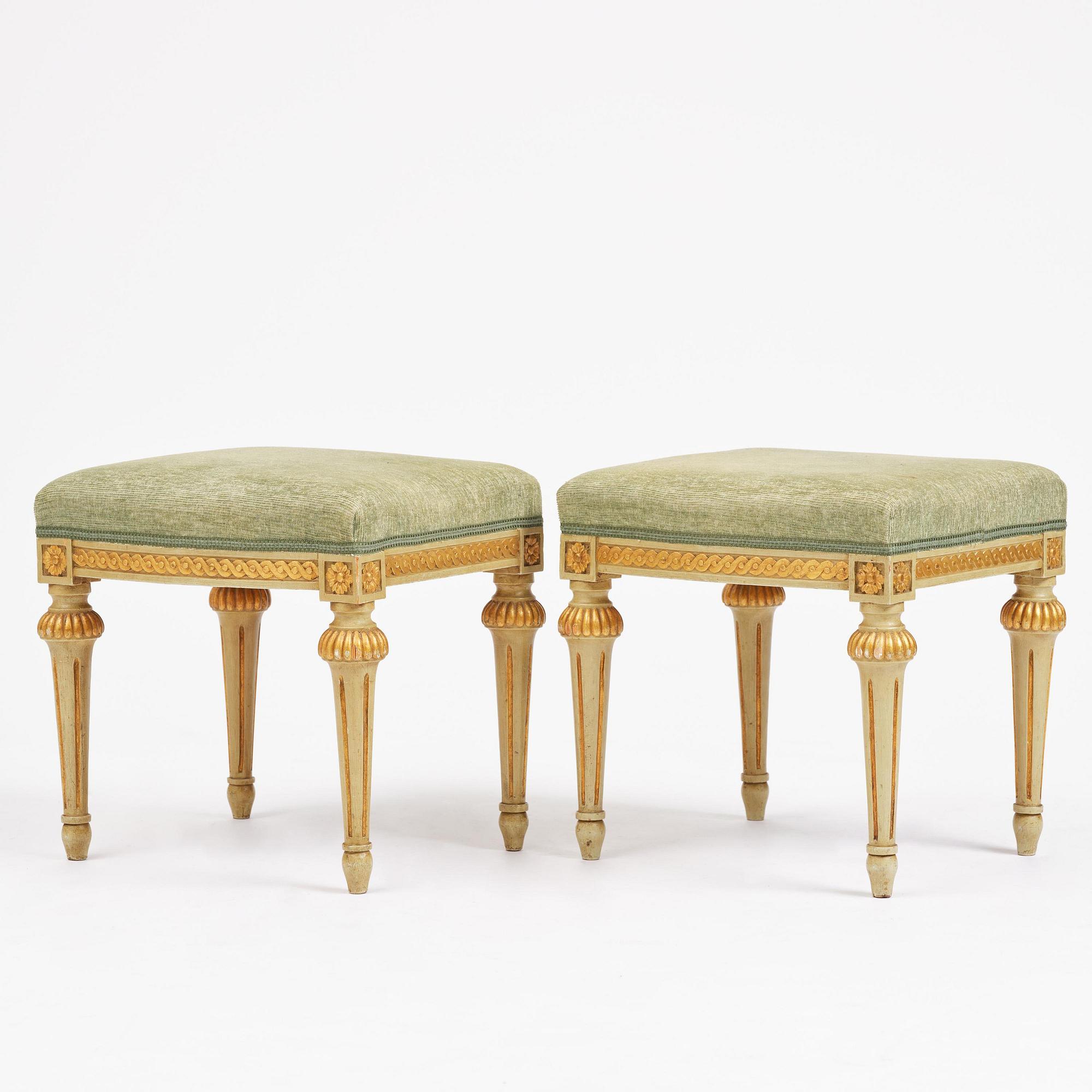 A pair of stools in the manner of Erik Öhrmark (master in Stockholm 1777–1813), Gustavian.