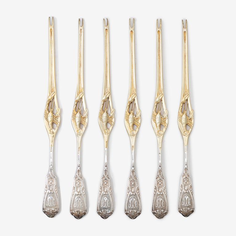 Six silver lobster forks, Germany,