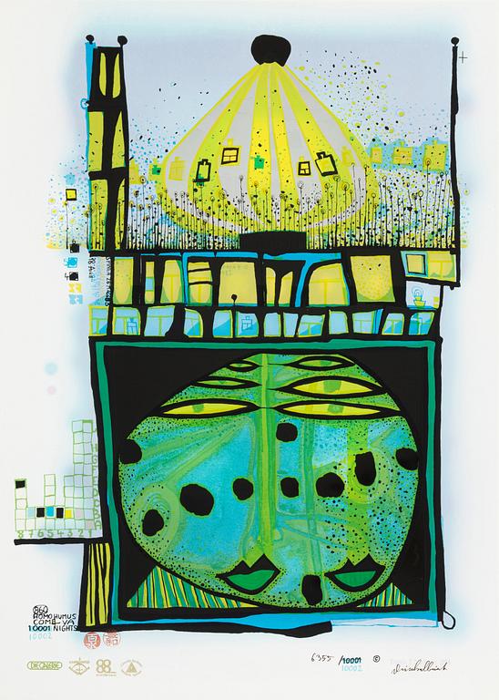 Friedensreich Hundertwasser, photo lithograph and silk screen with metal embossing, 1984. Signed and numbered 6355/10002.