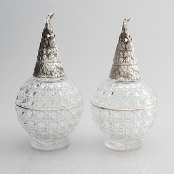 A pair of silver and cut-glass decanters, mark of Gratchev company, St. Petersburg 1908-1917.