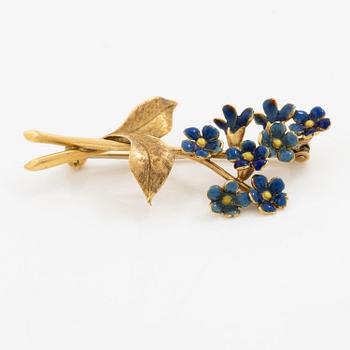 Brosch i form av en blombukett 18K guld med blå emalj.