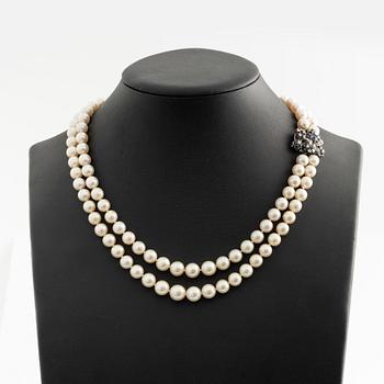 Pärlcollier, två rader odlade pärlor, lås med diamanter och safirer.