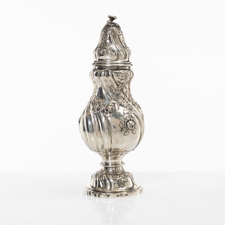 Sugar caster, silver, Rococo style, import mark CG Hallberg, Malmö 1935.