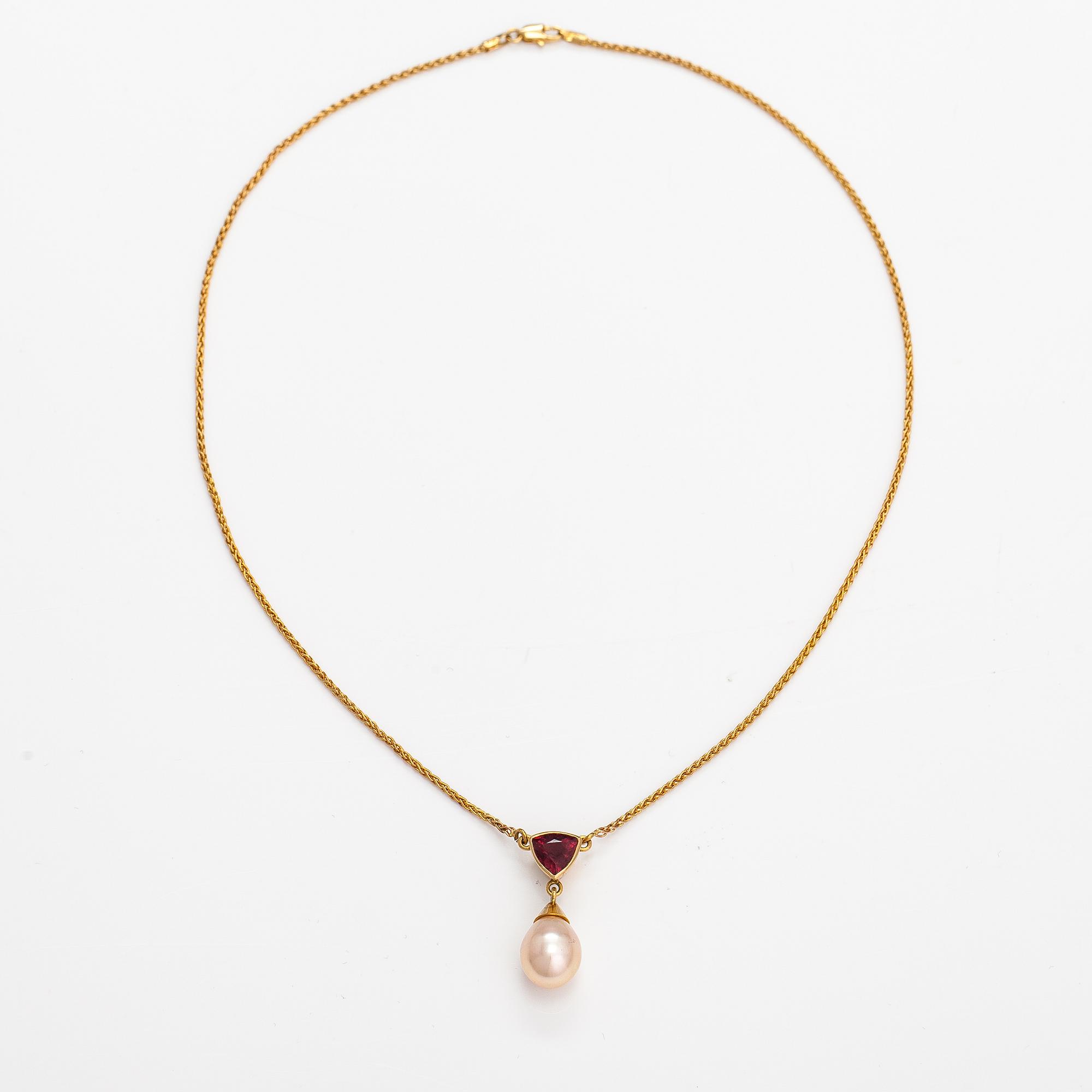 Halsband, 14K guld, turmalin och odlad pärla.