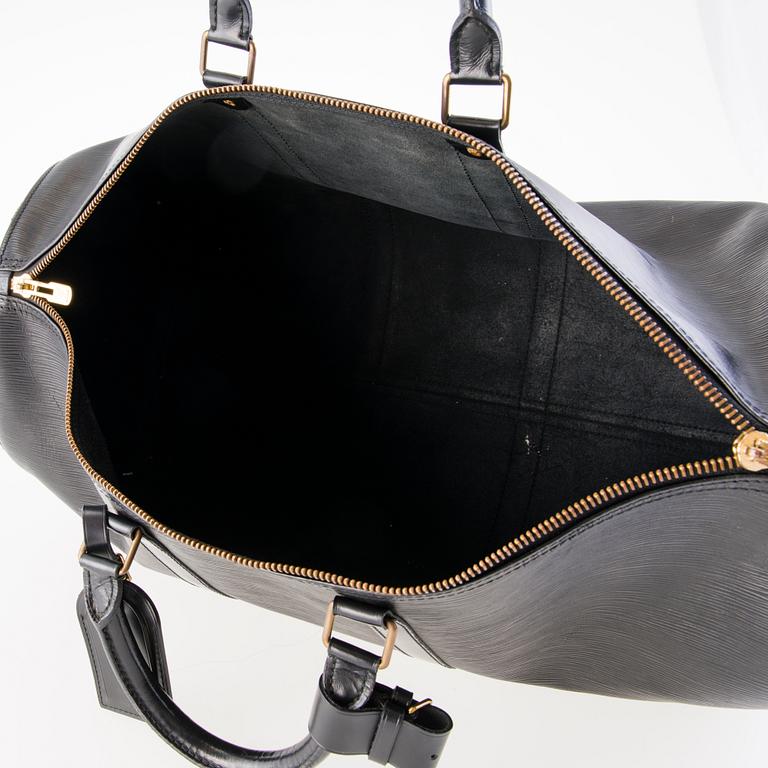 LOUIS VUITTON BLACK EPI LEATHER KEEPALL 50 TRAVEL BAG.