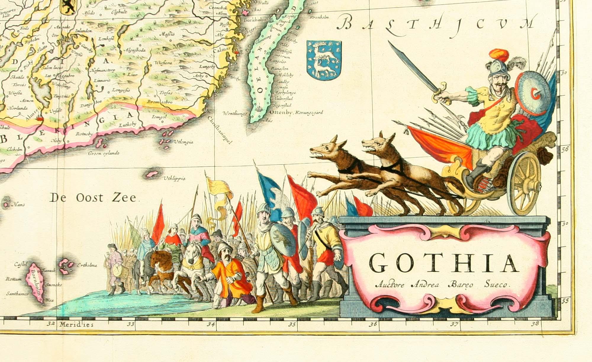 KARTA, kolorerad. "Gothia" J. Blaeu o A. Bureus. 1600/1700-tal.