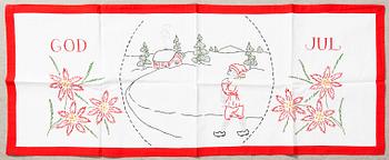 A collection of smaller Christmas tablecloths, runners, wall hangings, curtains, and Christmas tree skirts, 32 pcs, 20th century.