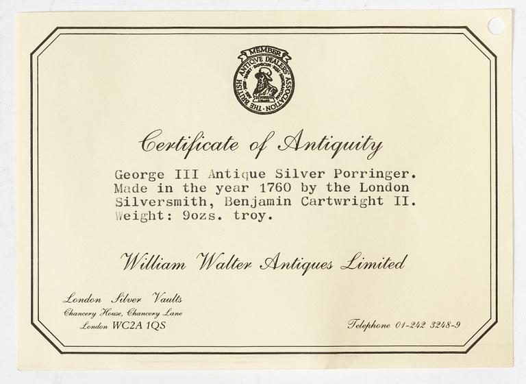 An English silver porringer, mark of Benjamin Cartwright I, London 1760.