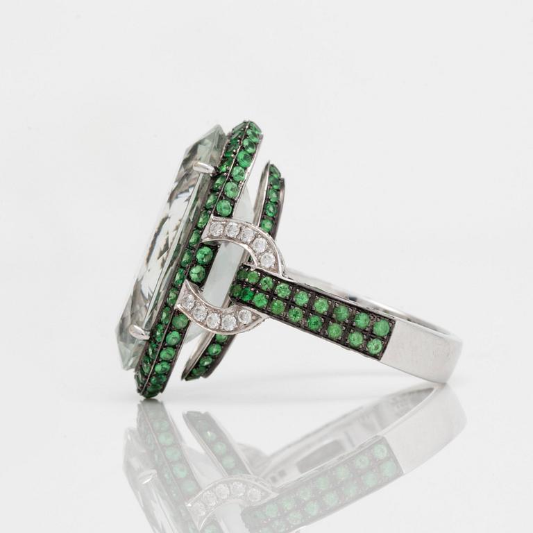 A circa 15.86 ct prasiolite, tsavorite and diamond ring. Total weight diamonds circa 0.40 ct. Made by Charles Greig.