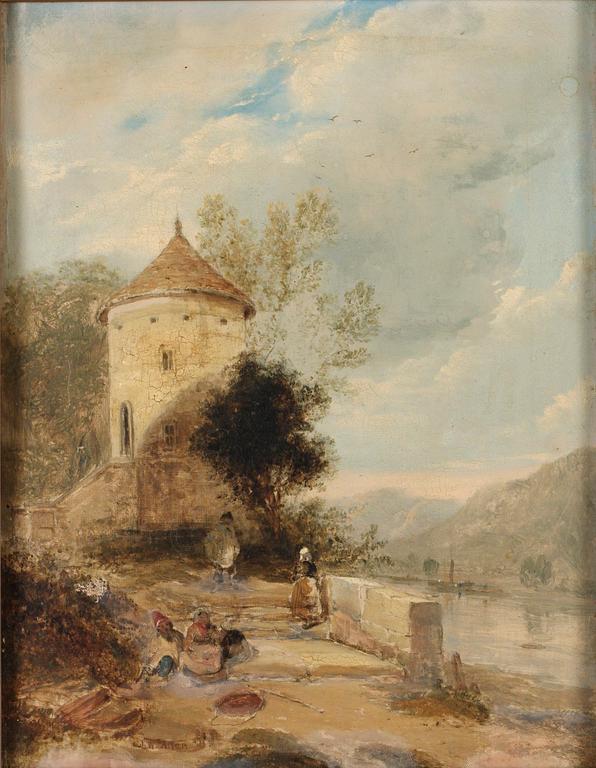 Joseph William Allen Tillskriven, Landskap med figurer vid torn.