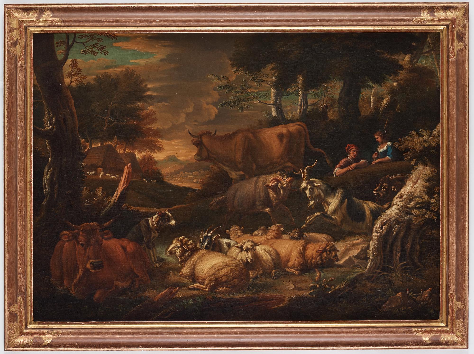 Pieter Mulier II, kallad Cavaliere Tempesta Tillskriven, Pastoralt landskap med herde, herdinna och boskap.