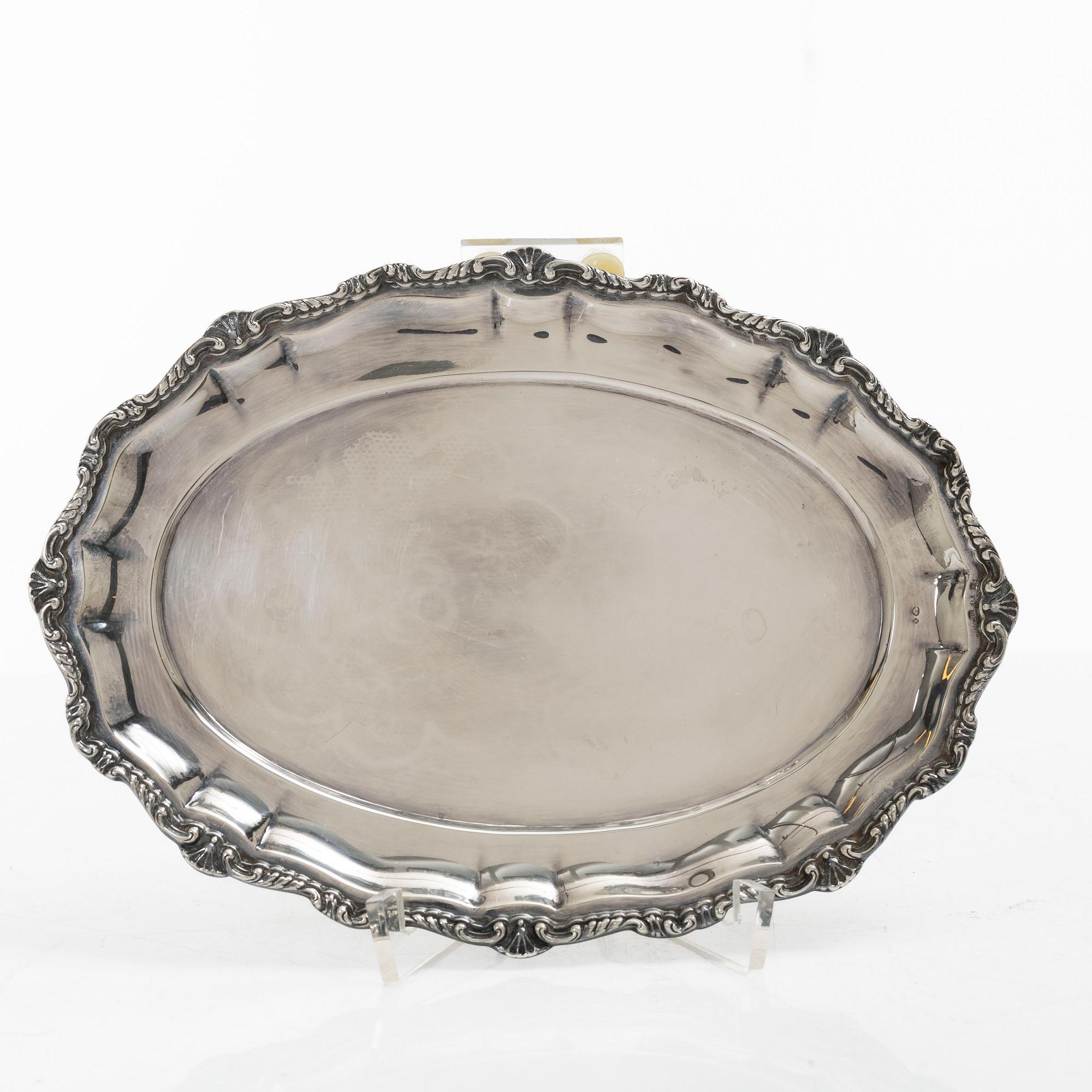 Cream jug, sugar bowl, and tray, silver, Rococo style, 20th century.