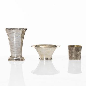 Three cups, dish, basket, jug, bowl, and ring holder, silver.