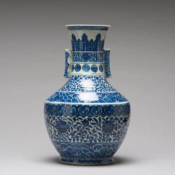 A blue and white vase, late Qing dynasty with Qianlong mark.