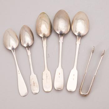 Set of five late 19th Century Russian silver spoons and a sugar tong.