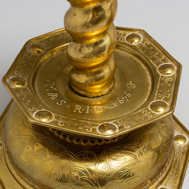 Two Swedish Baroque brass candlesticks, second half of the 17th century.