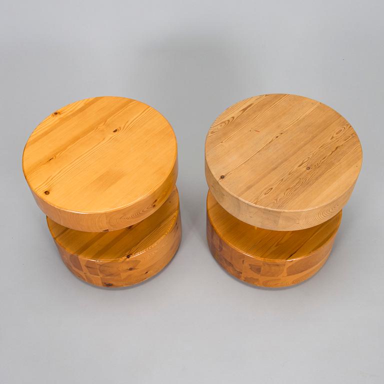 A pair of pine tables and a pair of pine stools.